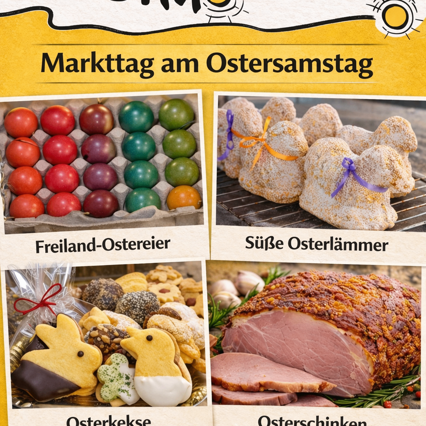 Plakat mit Ostermarkt-Artikeln, mit farbigen Eiern, Osterhasen, Osterkeksen und Schinken. Jeder Artikel ist mit seinem Namen beschriftet.