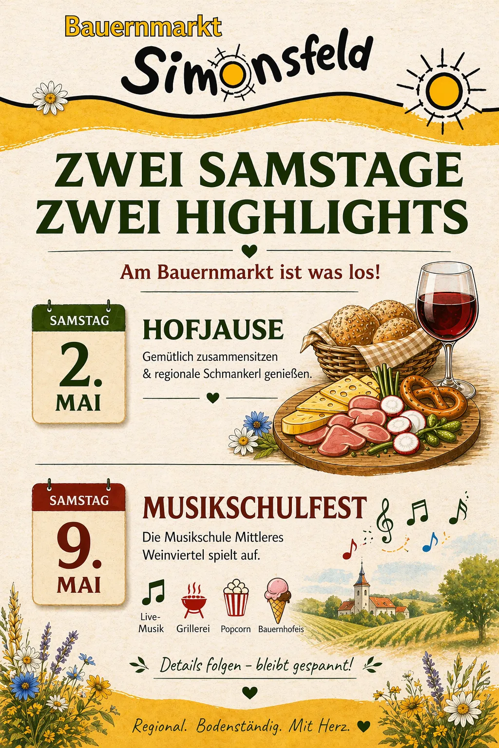 Das Plakat zeigt zwei Samstage mit Highlights auf dem Bauernmarkt. Der erste Tag ist der 2., mit einem Hof und Essen. Der zweite Tag ist der 9., mit einem Musikschulfest und Grillparty.