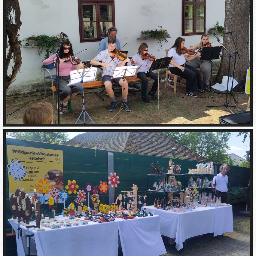 Zwei Bilder: Musiker spielen Violinen vor einem Haus, und ein Markt mit verschiedenen handgefertigten Artikeln und einem Mann in der Nähe.