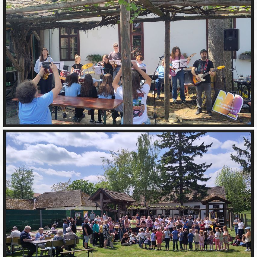 Eine Band spielt auf einer von Bäumen bedeckten Bühne, während sich Menschen davor versammeln. Eine weitere Szene zeigt eine Menschenmenge, die auf einem Rasenfeld sitzt und steht.