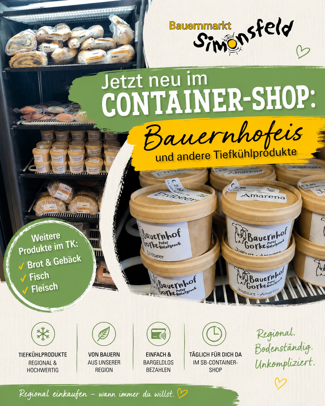 Werbeanzeige für Simon Container Shop mit Milchprodukten von Bauernhof. Das Sortiment umfasst Brot, Backwaren, Fisch und Fleisch. Der Shop bietet regionale und frische Produkte an.