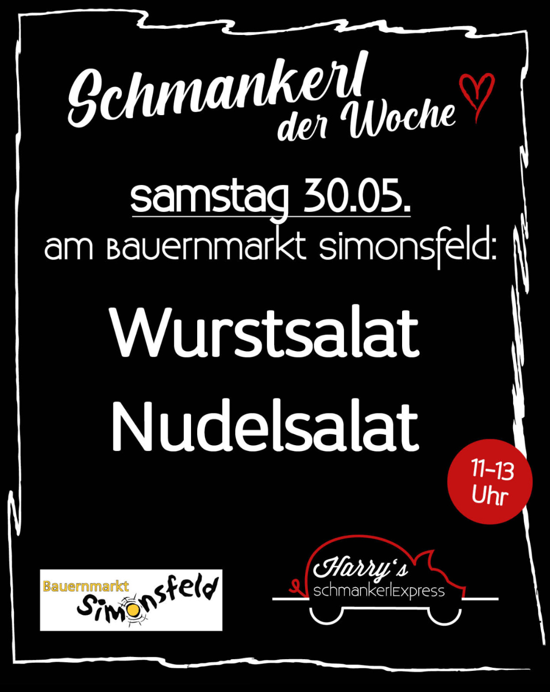 Plakat für Wurst- und Nudelsalat am 30. Mai auf dem Bauernmarkt Simonsfeld von 11-13 Uhr.