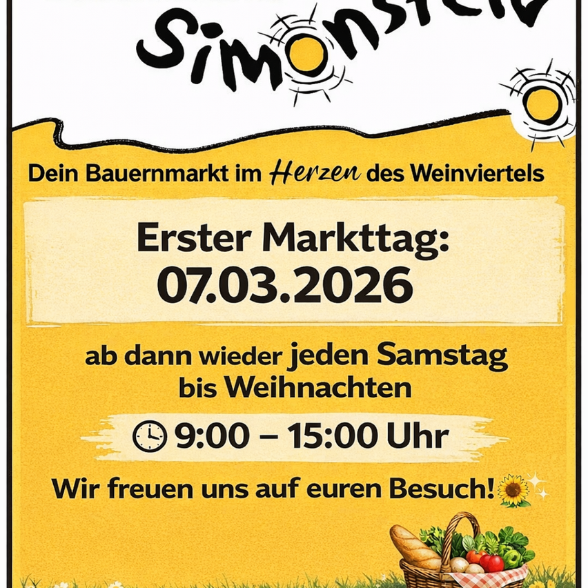Plakat für den Eröffnungsmarkt von Simonstier am 07.03.2026, jeden Samstag bis Weihnachten von 9:00 bis 15:00 Uhr. Mit einem Korb voller Gemüse.