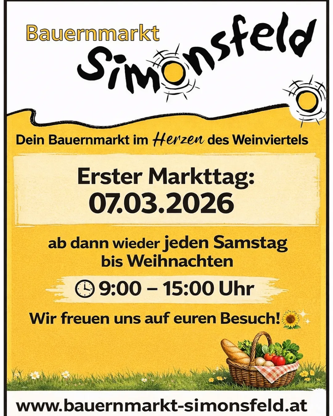 Plakat für den Eröffnungsmarkt von Simonstier am 07.03.2026, jeden Samstag bis Weihnachten von 9:00 bis 15:00 Uhr. Mit einem Korb voller Gemüse.