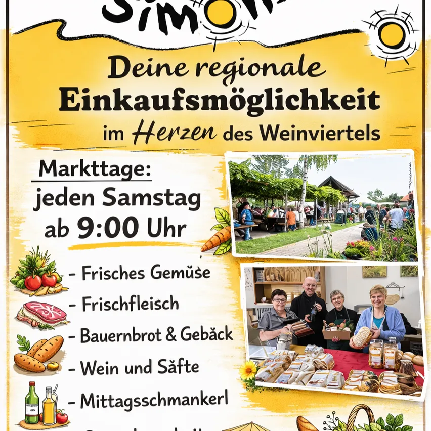Plakat für einen lokalen Markt mit frischem Gemüse, Fleisch, Brot, Wein und Säften. Markttage sind jeden Samstag ab 9:00 Uhr.