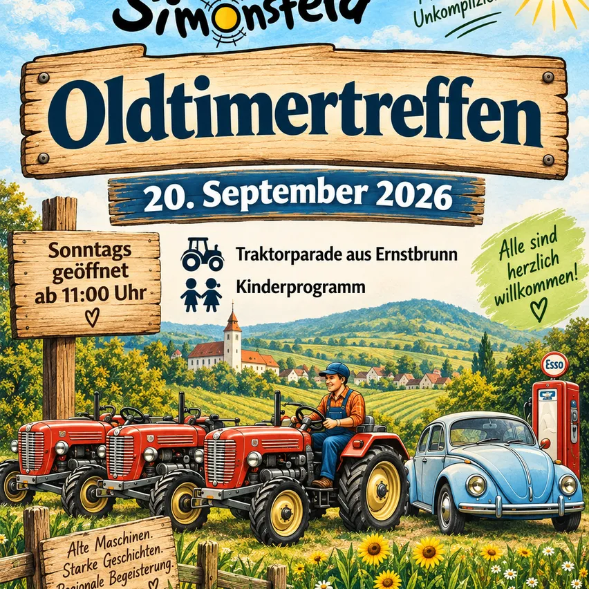 Plakat für das Oldtimertreffen-Event am 20. September 2026. Es zeigt einen Mann, der einen roten Traktor fährt, mit drei Traktoren und einem blauen Auto im Hintergrund. Das Plakat enthält Details über die Veranstaltung, wie die Öffnungszeit und die Traktorparade.