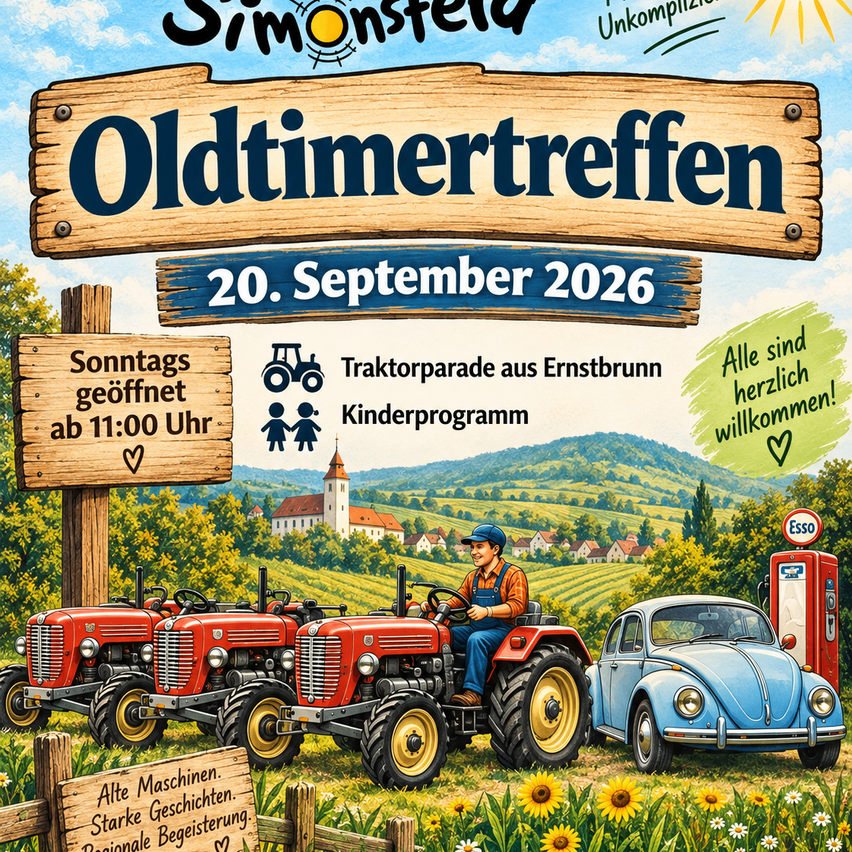 Plakat für das Oldtimertreffen-Event am 20. September 2026. Es zeigt einen Mann, der einen roten Traktor fährt, mit drei Traktoren und einem blauen Auto im Hintergrund. Das Plakat enthält Details über die Veranstaltung, wie die Öffnungszeit und die Traktorparade.