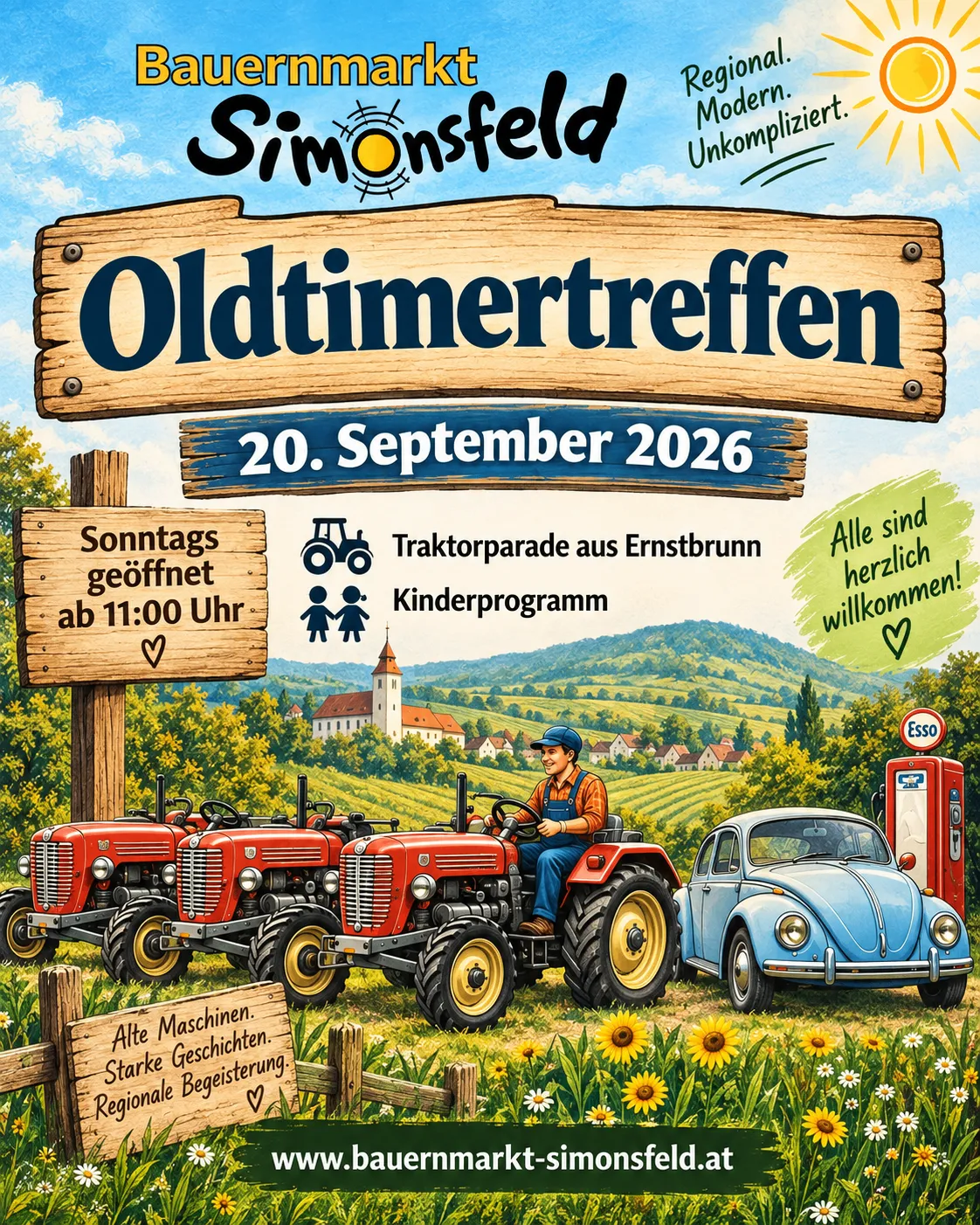 Plakat für das Oldtimertreffen-Event am 20. September 2026. Es zeigt einen Mann, der einen roten Traktor fährt, mit drei Traktoren und einem blauen Auto im Hintergrund. Das Plakat enthält Details über die Veranstaltung, wie die Öffnungszeit und die Traktorparade.