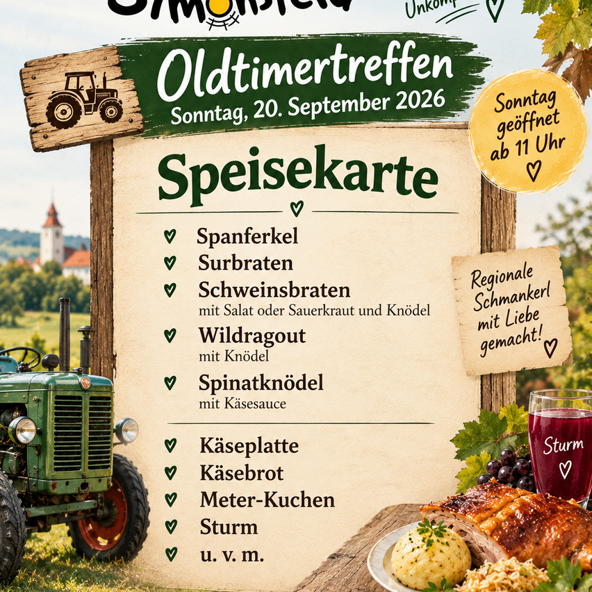 Plakat für das Oldtimertreffen am 20. September 2026 mit Speisekarte, darunter Spanferkel, Surbraten und Wildragout, sowie einem Traktor und einer ländlichen Kulisse.