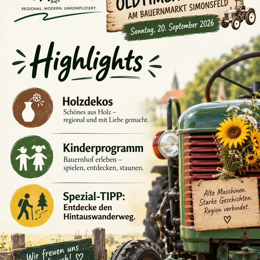 Plakat für den Alten Bauernmarkt Simonsfeld am 20. September 2026. Highlights sind Holzdekorationen, ein Kinderprogramm und ein spezieller Tipp zum Erkunden der Landschaft. Ein Traktor mit Sonnenblumen ist abgebildet.