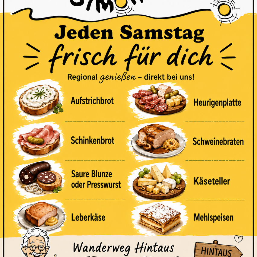Ein Flyer, der verschiedene Lebensmittel wie frisches Brot, Fleischplatten, Käse und Desserts präsentiert. Er betont die Frische der Speisen jeden Samstag.