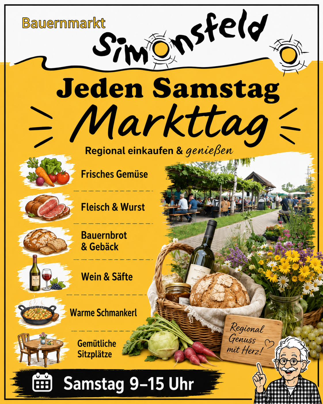Jeder Samstag ist Markttag. Kaufen Sie frisches Gemüse, Fleisch und Wurst, Backwaren, Wein und genießen Sie warme Snacks. Gemütliche Sitzplätze vorhanden.