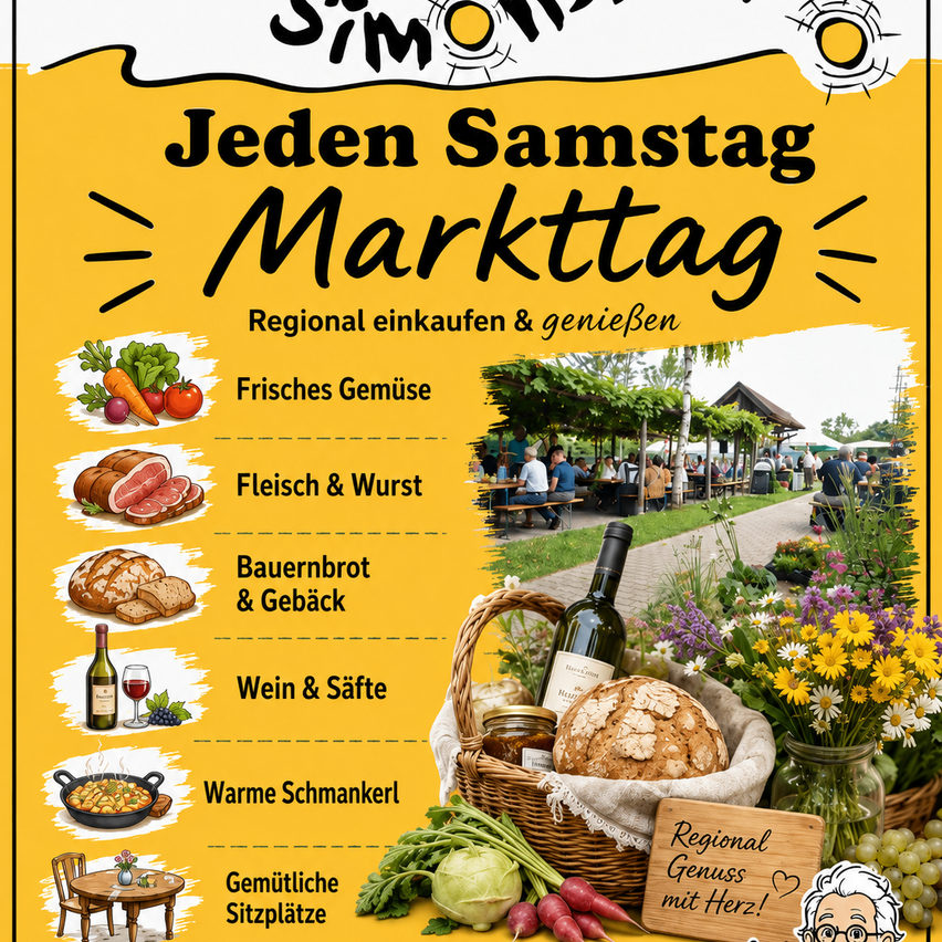 Jeder Samstag ist Markttag. Kaufen Sie frisches Gemüse, Fleisch und Wurst, Backwaren, Wein und genießen Sie warme Snacks. Gemütliche Sitzplätze vorhanden.
