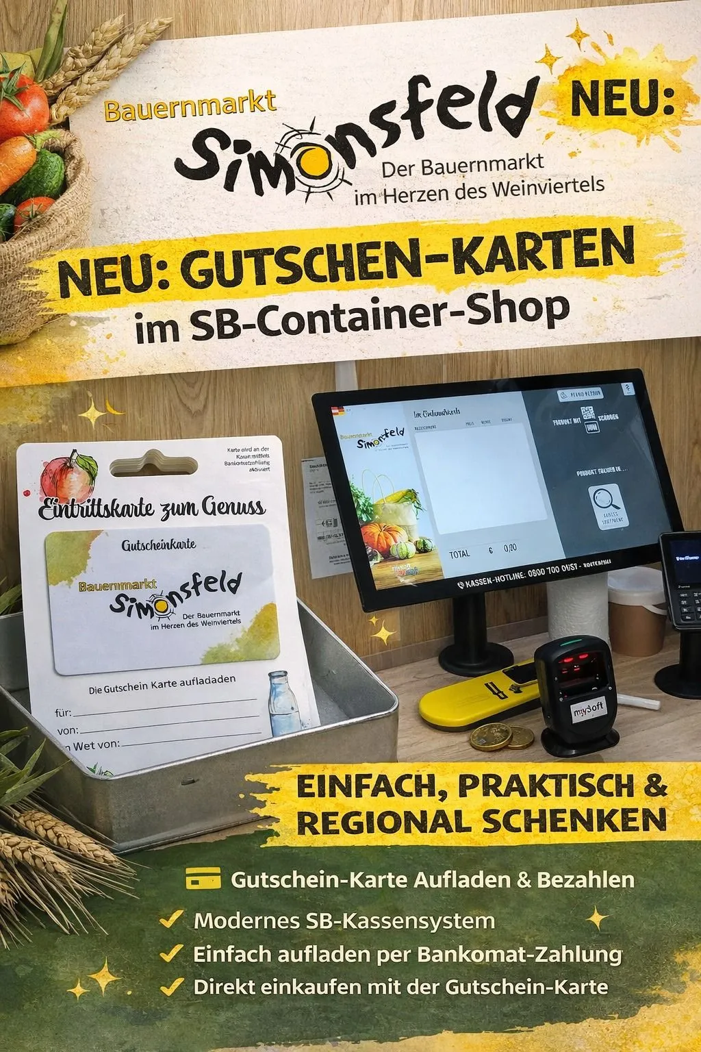 Eine Werbung für Simonsfelds neue Geschenkkarten, mit einem Korb voller Gemüse, einem Monitor, der eine Einkaufsoberfläche anzeigt, einer Geschenkkarte und einem Zahlungsterminal.