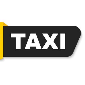 Ein Taxi-Logo mit einem gelben Kasten mit einem karierten Muster und dem Wort 'TAXI' in Weiß auf schwarzem Hintergrund.