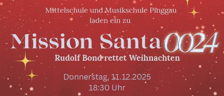Ein rotes Plakat für die Mission Santa 0024-Veranstaltung. Es zeigt einen Weihnachtsbaum, eine Silhouette eines Mannes in Anzug und Santa-Hut und Rudolf Bond. Die Veranstaltung findet am Donnerstag, den 11. Dezember 2025, um 18:30 Uhr statt.
