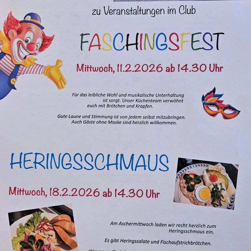 Plakat für Club-Veranstaltungen, einschließlich eines bunten 'Faschingsfest' am 11.2.2026 um 14.30 Uhr, mit einem Clown und einer Maske. Zeigt auch eine 'Heringschmaus'-Veranstaltung am 18.2.2026 um 14.30 Uhr mit Heringgerichten.