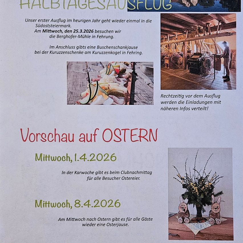 Plakat kündigt Halbtagesausflug an. Besuchen Sie Sudosteimark am Mittwoch, den 25.3.2026. Im Anschluss gibt es eine Buschenschankpause bei Kurzenschenke in Fehringen. Vorschau auf OSTERN am Mittwoch, 1.4.2026. Ostereier in Karwoche. Weiteres Osterevent am Mittwoch, 8.4.2026.
