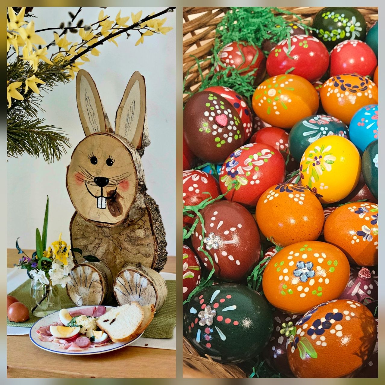 Two images: a wooden Easter bunny with flowers and a basket full of colorful decorated Easter eggs.