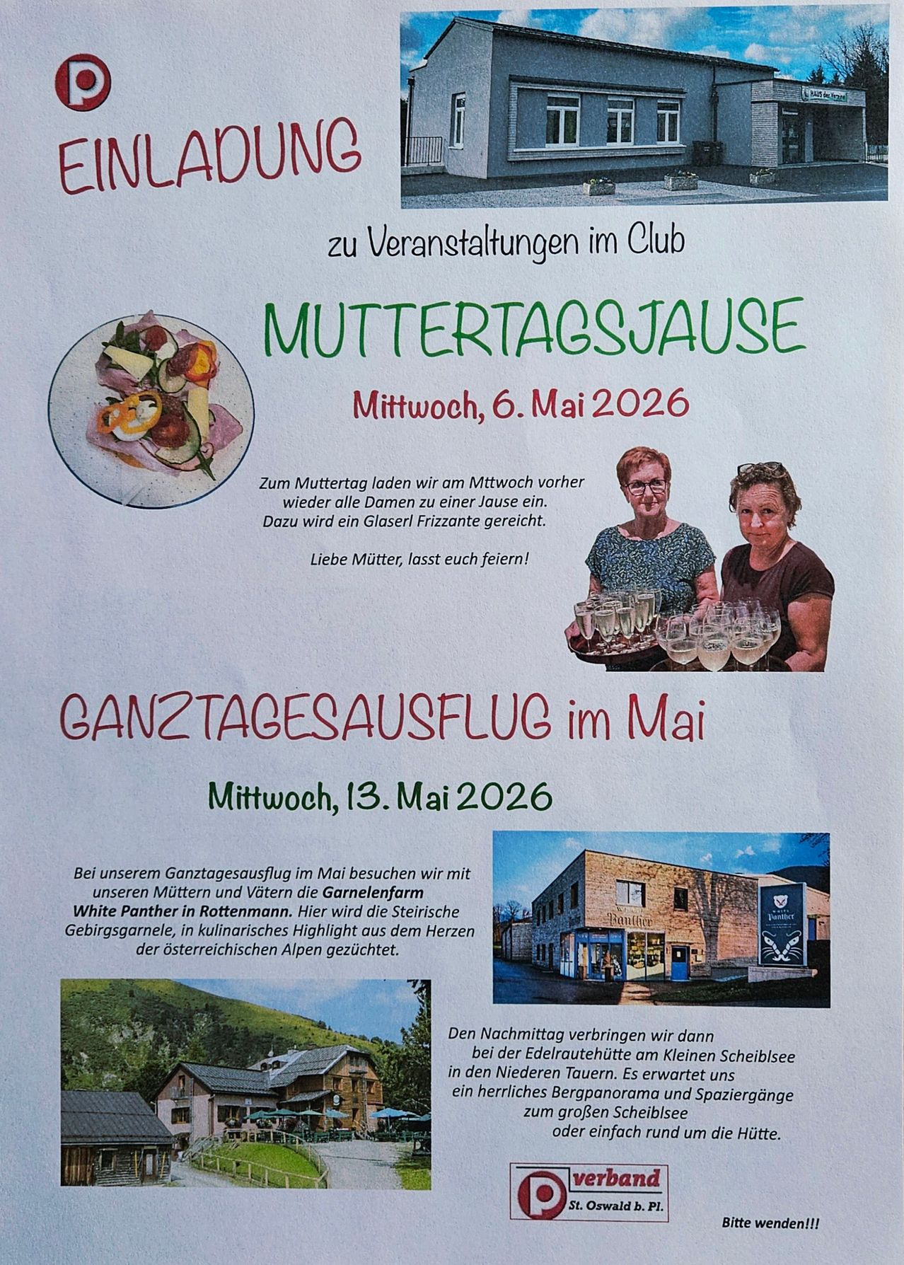 Poster announces Mother's Day celebration with food and wine on May 6, 2026. Another event is a full-day excursion on May 13, 2026 to a goat farm in the Austrian Alps.