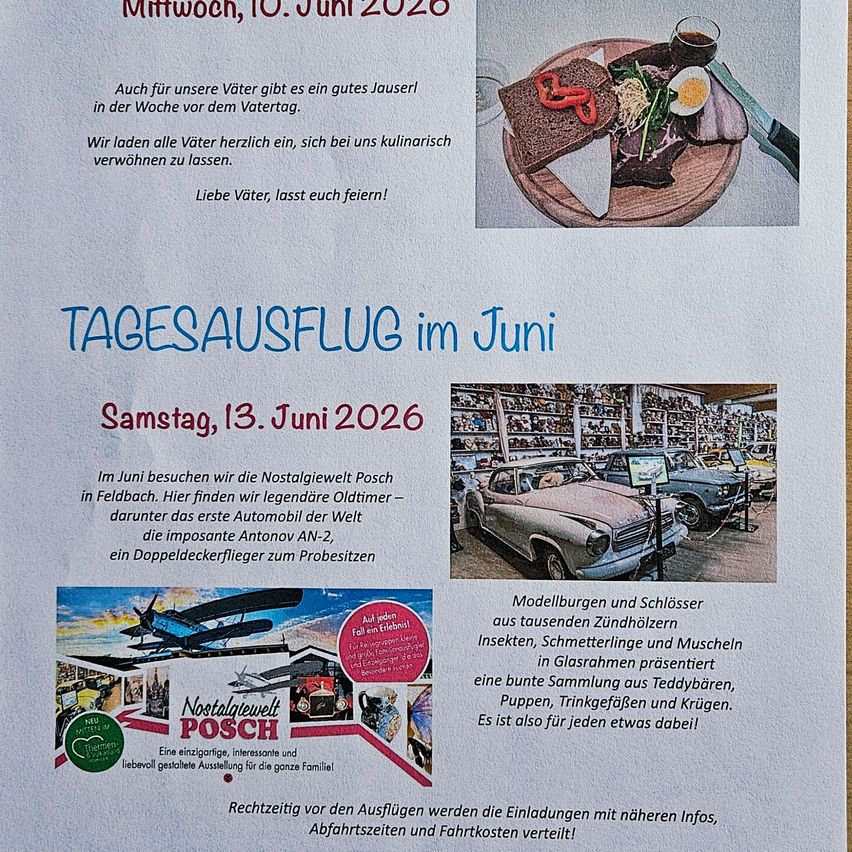 An image of a flyer with a picture of a meal, featuring sandwiches, vegetables, and a drink. Below, it reads 'Father's Day in June, 10th.' There's an invitation for fathers to enjoy a special meal. Another part shows a classic car exhibit on June 13th.