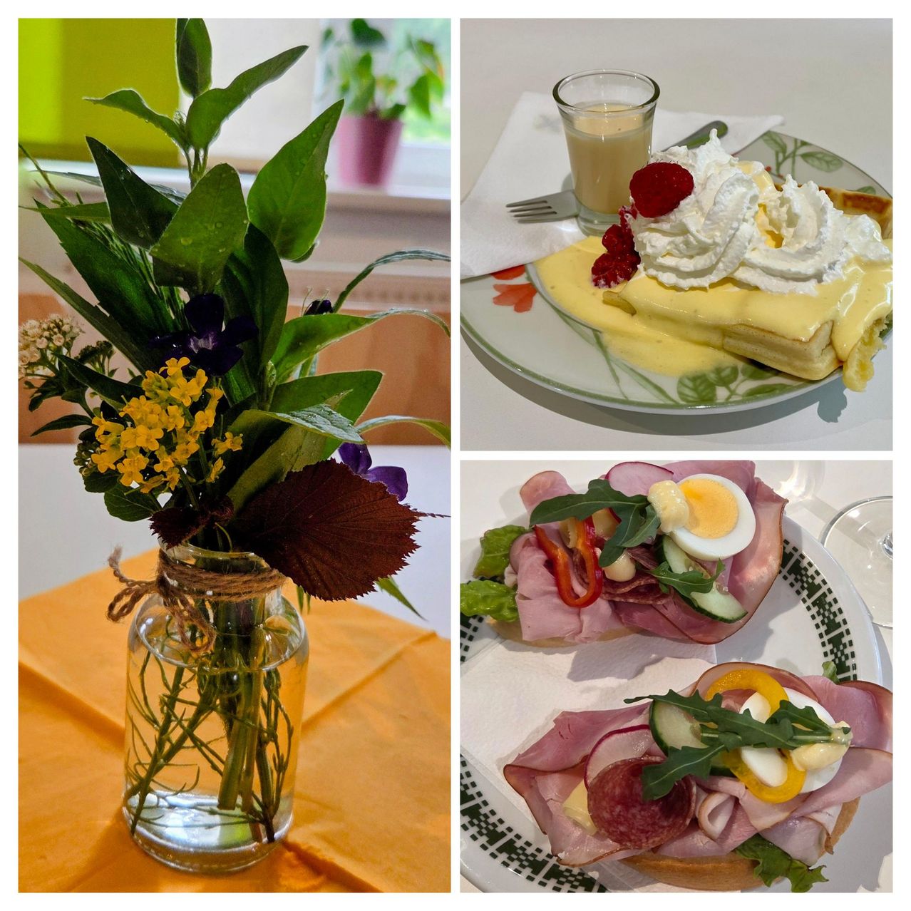 Three images of food: a flower bouquet, crepes with whipped cream and raspberries, and a sandwich with meat, eggs, and vegetables.