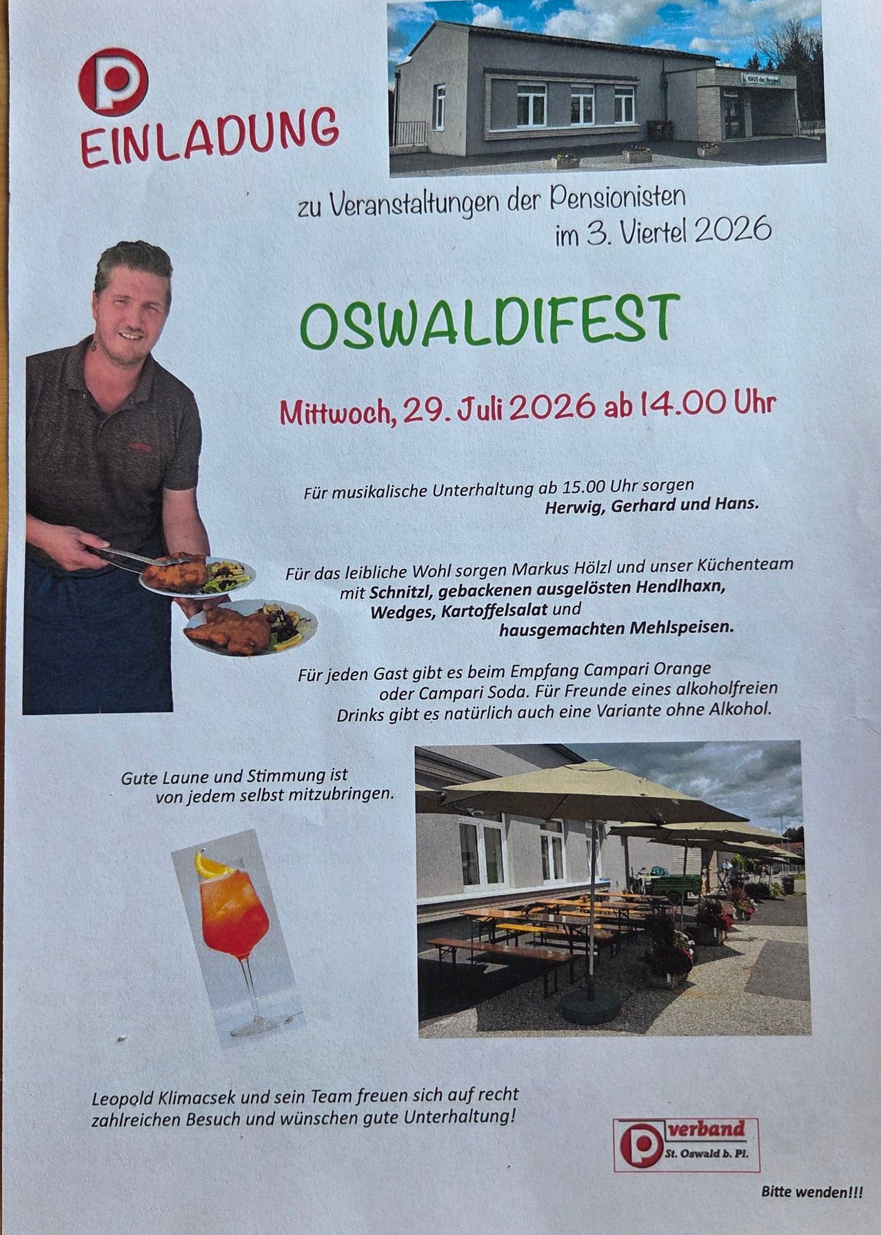 A flyer for the Oswaldfest event on July 29, 2026, featuring a man holding food, a menu list, and an outdoor dining area with umbrellas.
