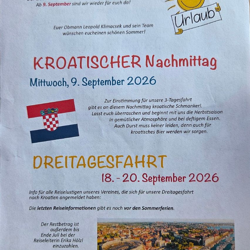 A flyer for a Croatian evening event on September 9, 2026, and a three-day trip from September 18-20, 2026. The flyer includes a Croatian flag, a city skyline, and details about the trip.
