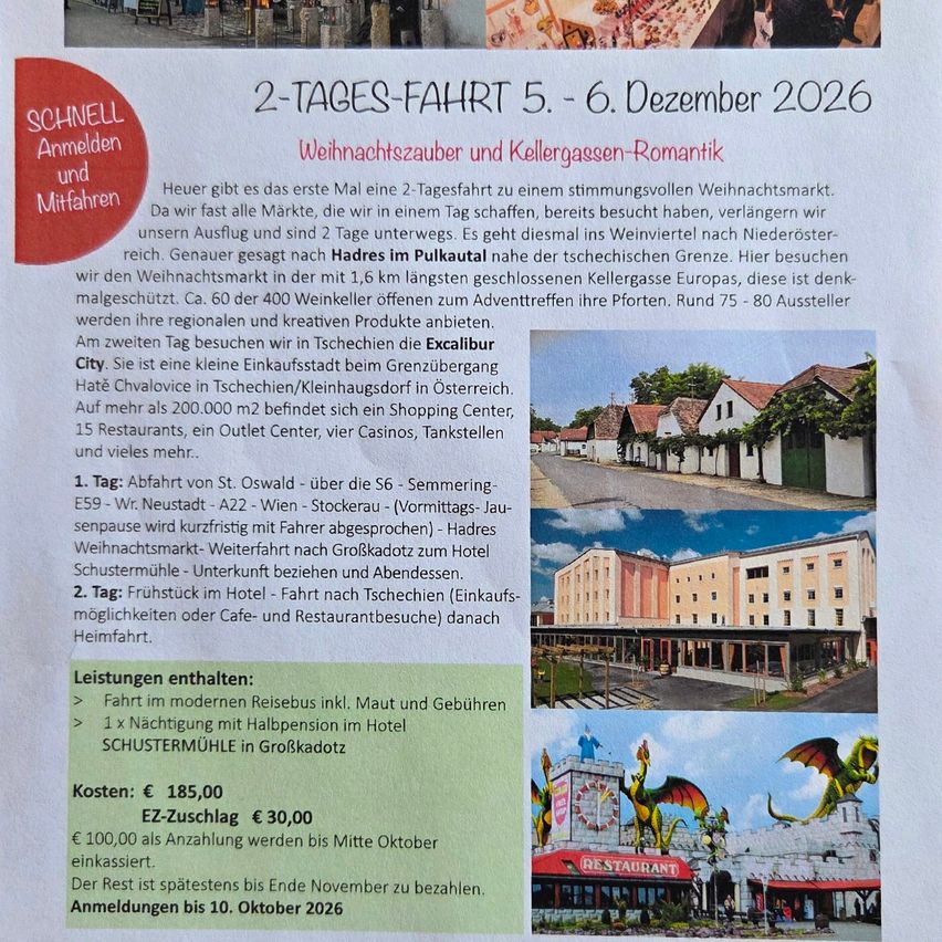 A flyer advertising a two-day trip to a Christmas market and cellar cellar romance. It includes details about the itinerary, costs, and services provided. The trip is scheduled for December 5-6, 2026.
