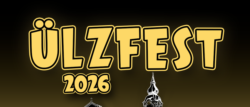 Ein Veranstaltungsplakat für Ulzfest 2026, am 4. September. Es zeigt eine Bühne mit Zelten, eine Menschenmenge und eine Kirche mit einem Glockenturm im Hintergrund.