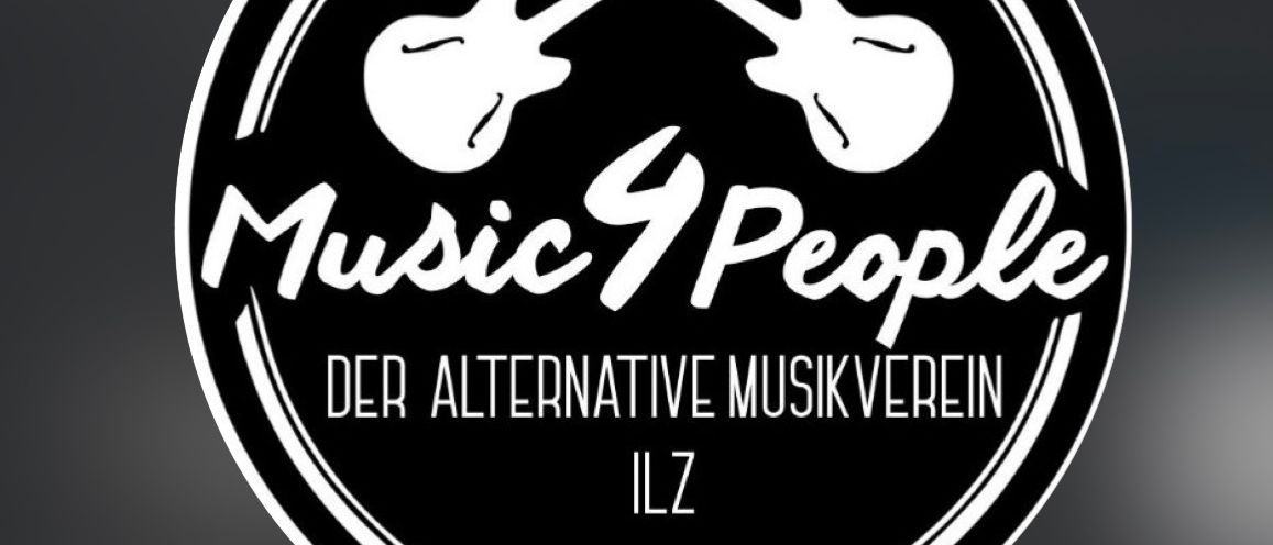 Logo von Music 4 People, einem alternativen Musikverein in ILZ, mit zwei Gitarren und schwarzem Hintergrund.