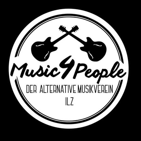 Das Logo von Music4People, einem alternativen Musikverein in ILz, zeigt zwei Gitarren in einem Kreis auf schwarzem Hintergrund.