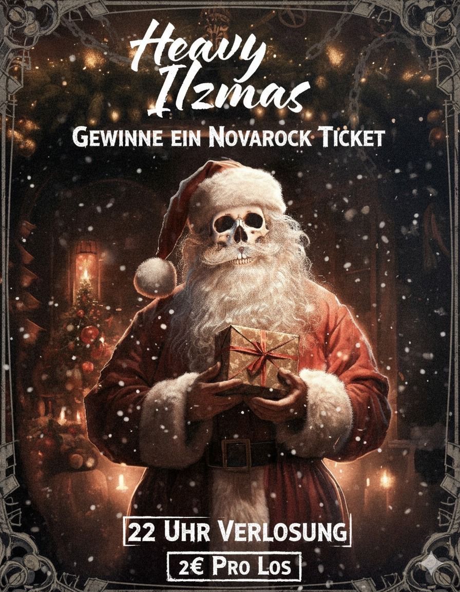 Eine Skelettfigur, die als Weihnachtsmann gekleidet ist, steht im Schnee und hält eine Geschenkbox. Dahinter steht ein mit Ornamenten und Lichtern geschmückter Weihnachtsbaum. Oben steht der Text 'Ilzmas GEWINNE EIN NOVAROCK TICKET'.