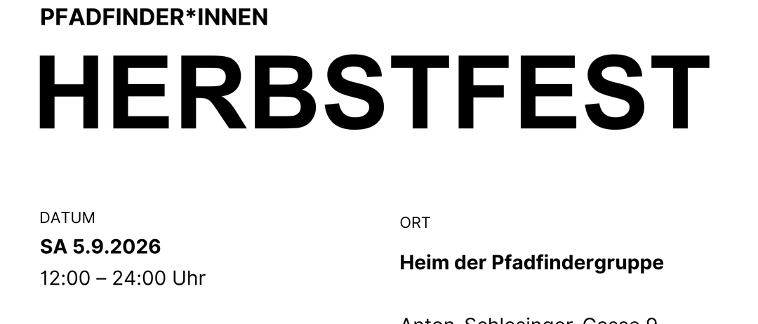 Plakat für ein Abenteuerprogramm für Kinder und Jugendliche mit Aktivitäten wie Geocaching, Schatzsuche und Basteln. Die Veranstaltung ist für zwei Termine geplant: Samstag, 5. September, von 12:00 bis 24:00 Uhr, und Sonntag, 6. September, von 10:00 bis 17:00 Uhr. Die Orte sind das Pfadfinderheim und Anton-Schlesinger-Gasse 9, 2345 Brunn am Gebirge.
