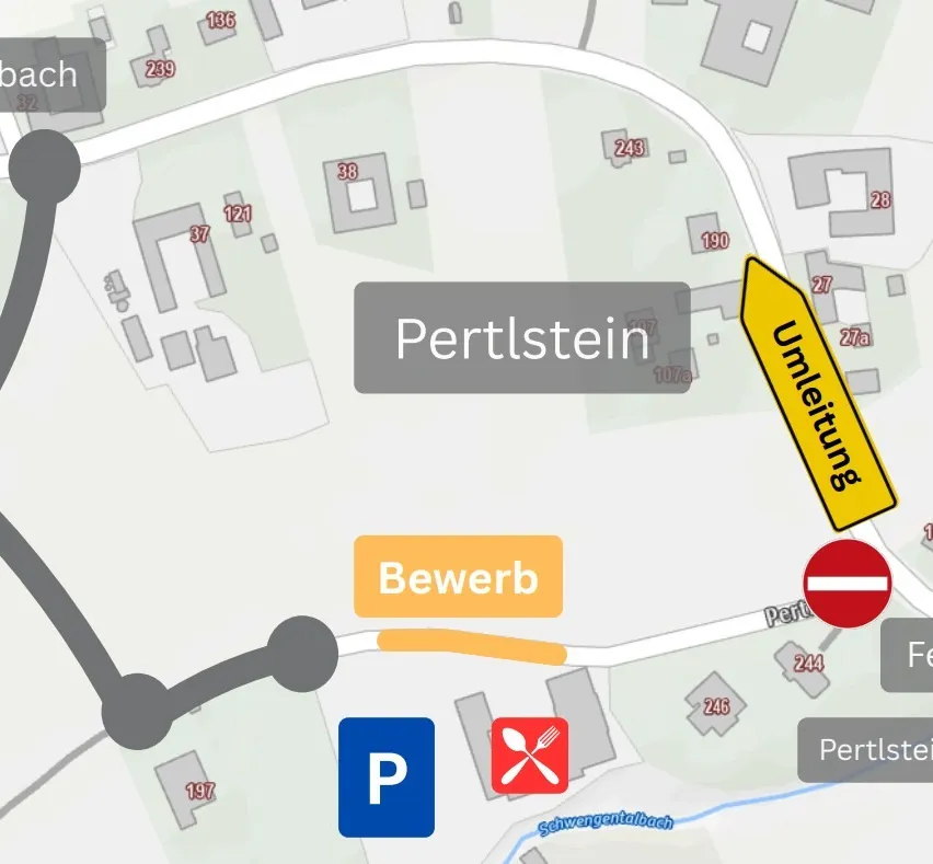 Eine Karte, die Pertstein mit verschiedenen nummerierten Standorten und einem Verbotsschild zeigt. Es gibt Symbole für Parkplätze, Essen und ein Straßenschild mit der Aufschrift 'Umleitung'.