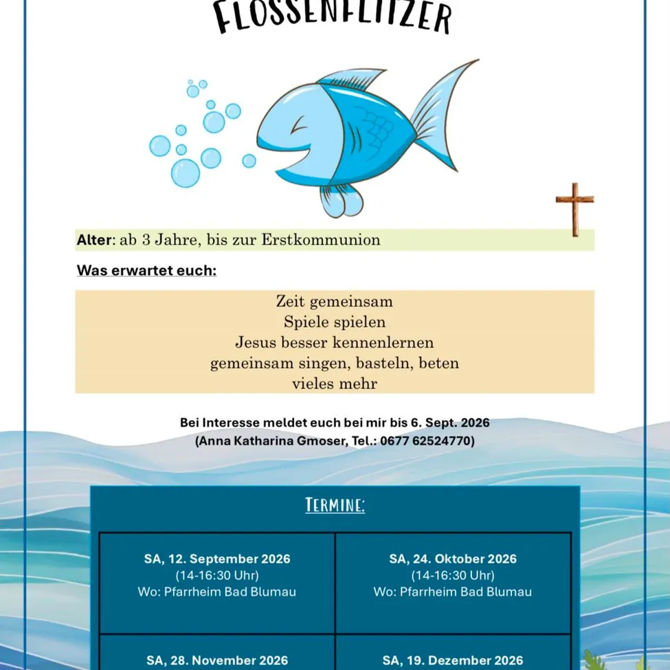 Ein Veranstaltungsposter für 'Flossenflitzer' mit einem blauen Fisch, Blasen und einem Kreuz. Es enthält Details zum Alter, Aktivitäten und Terminen für eine Veranstaltung bis zur Erstkommunion.