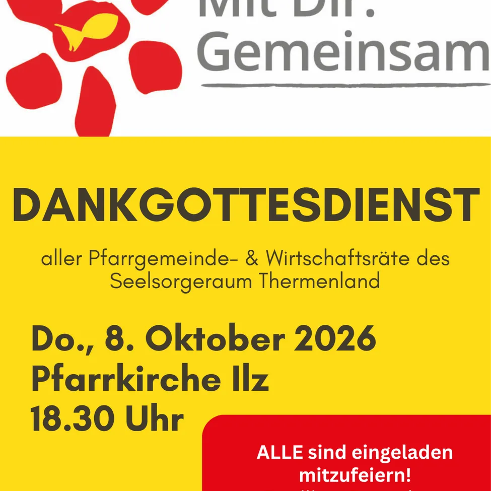 Ein Plakat für einen Gottesdienst am 8. Oktober 2026 um 18:30 Uhr, alle Familien, Freunde und Gemeindemitglieder sind eingeladen.