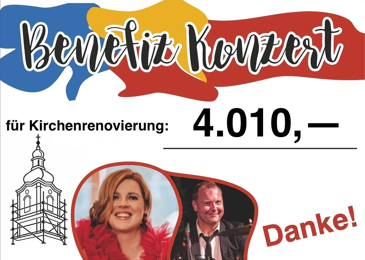 Ein Plakat für ein Benefizkonzert zur Kirchenrenovierung. Es zeigt eine lächelnde Frau und einen lächelnden Mann, beide Musiker. Das Plakat enthält auch einen Kirchenturm im Bau.