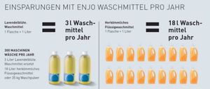 Das Bild zeigt einen Vergleich der Waschkosten und Einsparungen mit Lavendelwaschmittel. Es zeigt die Anzahl der Wäschen pro Jahr und die Energiekosten bei verschiedenen Temperaturen.