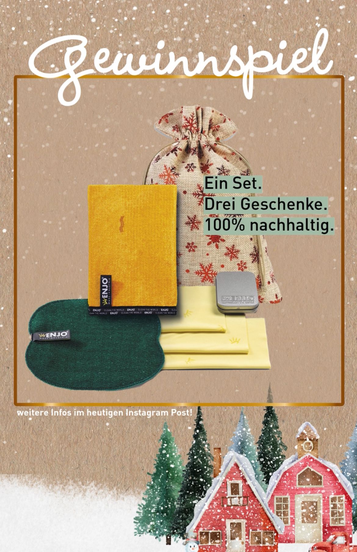 Ein Set mit drei nachhaltigen Geschenken, bestehend aus einem gelben Tuch, einem grünen Tuch und einem grauen Gegenstand, präsentiert in einem dekorativen Beutel. Weitere Infos im heutigen Instagram-Post!