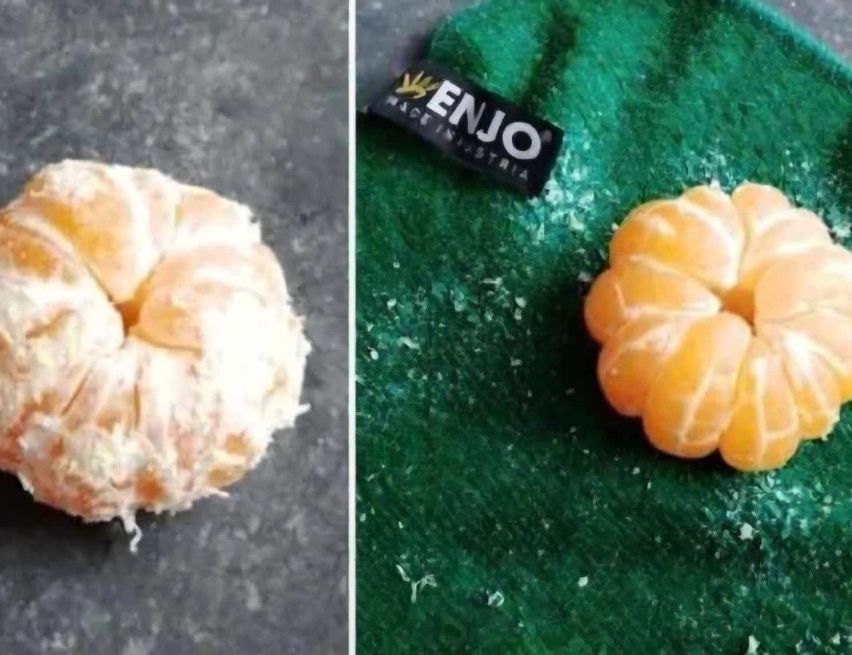 Zwei Bilder einer geschälten Mandarine auf einem grünen Tuch mit einem schwarzen Etikett, das 'ENJO MADE IN AUSTRIA' liest. Das erste Bild zeigt die Mandarine von der Seite, das zweite von oben.