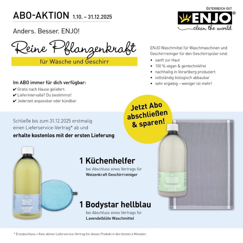 Die Werbung für ENJO-Produkte bietet ein Abonnement-Angebot mit Vorteilen wie kostenloser Hauszustellung, flexiblen Lieferintervallen und einem kostenlosen Küchenhelfer und Bodystar bei der ersten Bestellung. Das Angebot läuft bis zum 31. Dezember 2025.