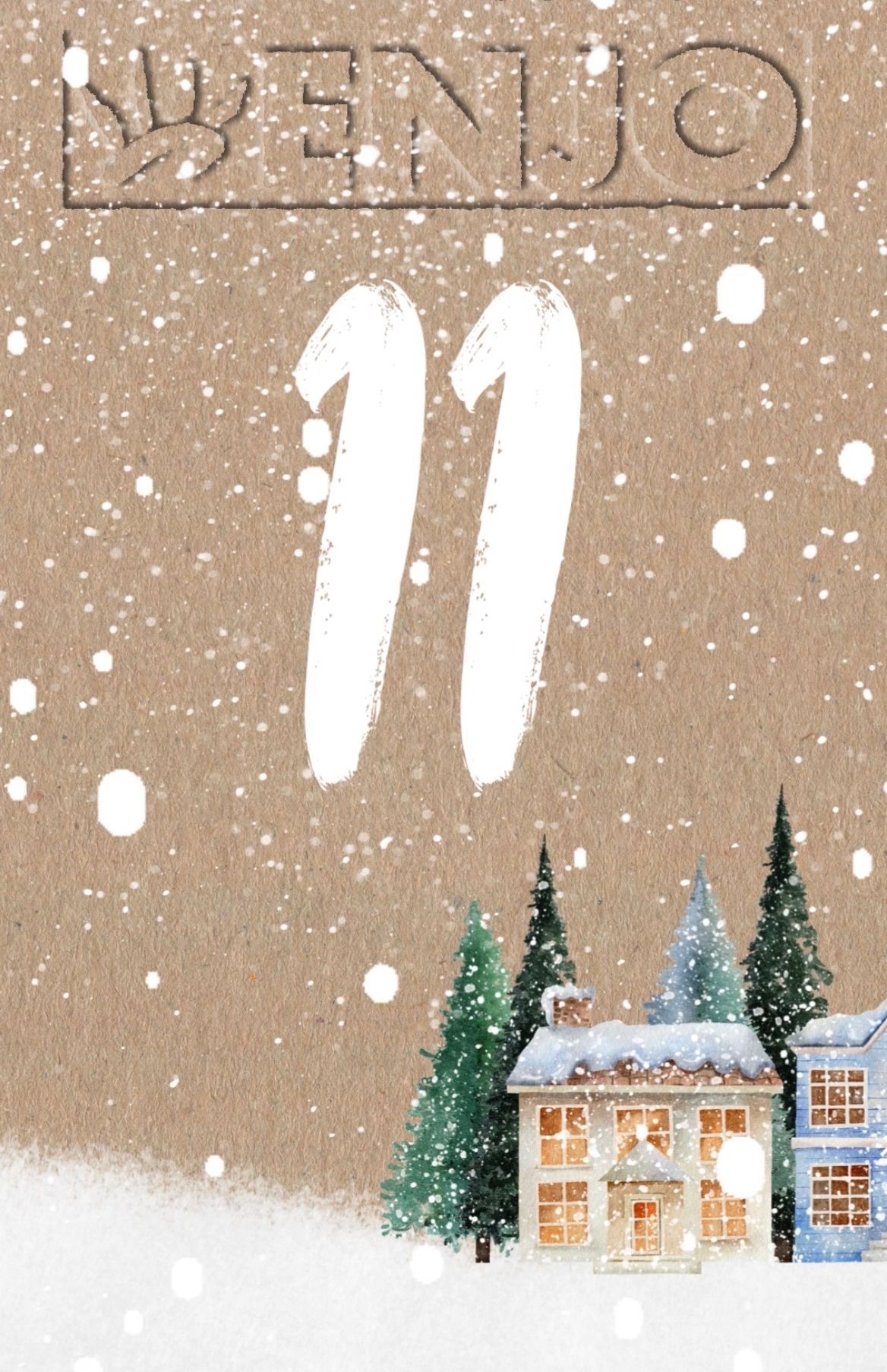 Die Zahl 11 ist in einer verschneiten Landschaft prominent angezeigt. Unter der Zahl befinden sich zwei Häuser mit Schnee auf ihren Dächern. Es gibt Bäume, die mit Schnee bedeckt sind, um die Häuser herum.