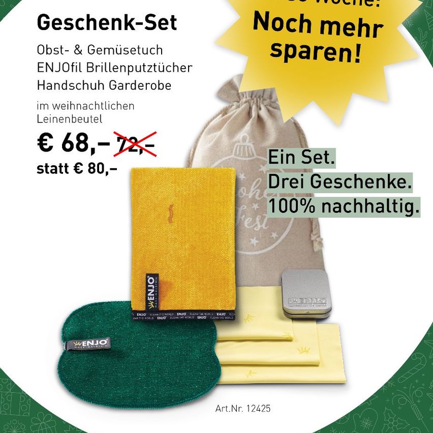 Ein Geschenkset mit Obst- und Gemüseschwamm, ENJOil Brillenputztuch und Bademantel. Ursprünglich für 80 Euro, jetzt reduziert auf 68 Euro. Enthält drei Geschenke, 100% nachhaltig. Art. Nr. 12425.