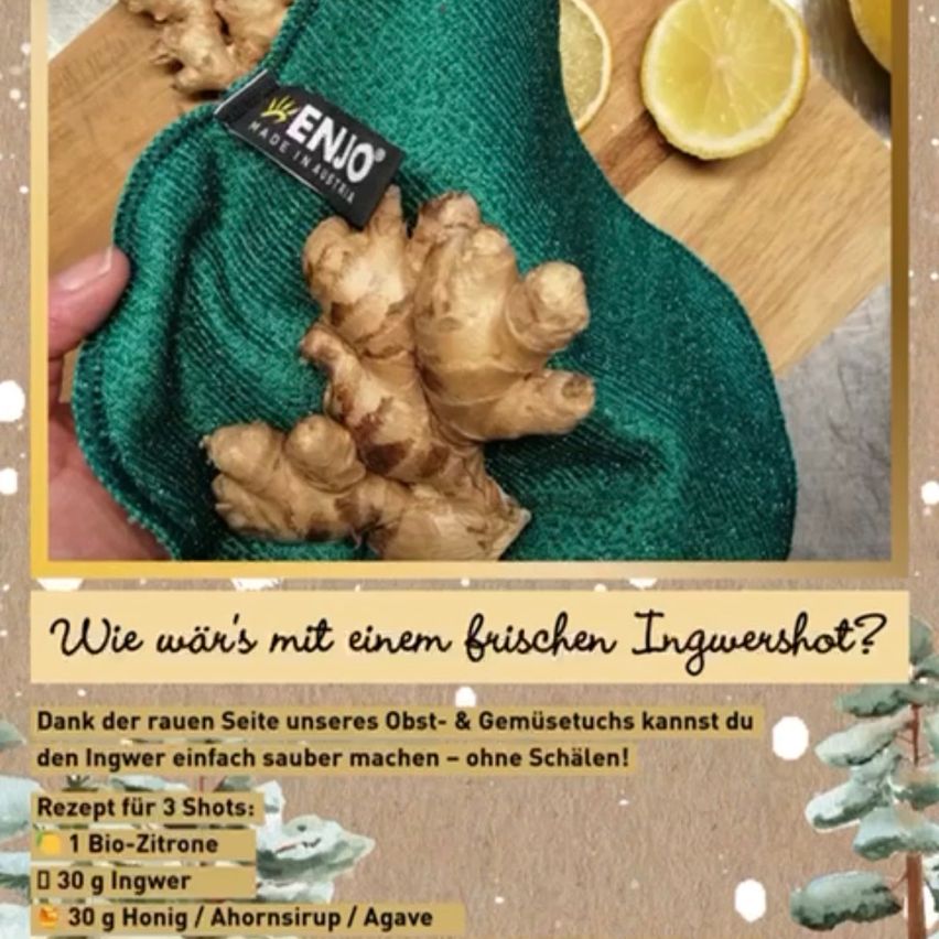 Eine Werbung für einen Ingwer-Shot mit einem grünen Tuch, Ingwer und Zitrone. Ein Rezept für 3 Shots beinhaltet Bio-Zitrone, 30g Ingwer und 30g Honig/Ahornsirup/Agave. Hergestellt in Österreich.