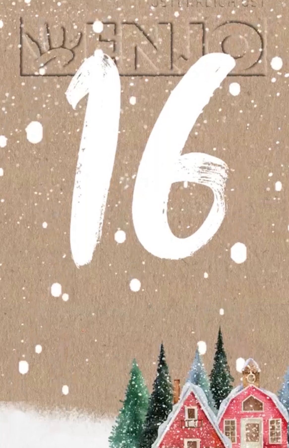 Eine Winterszene mit der Nummer 16 in der Mitte, umgeben von fallendem Schnee und kleinen Bäumen auf einem beigen Hintergrund.