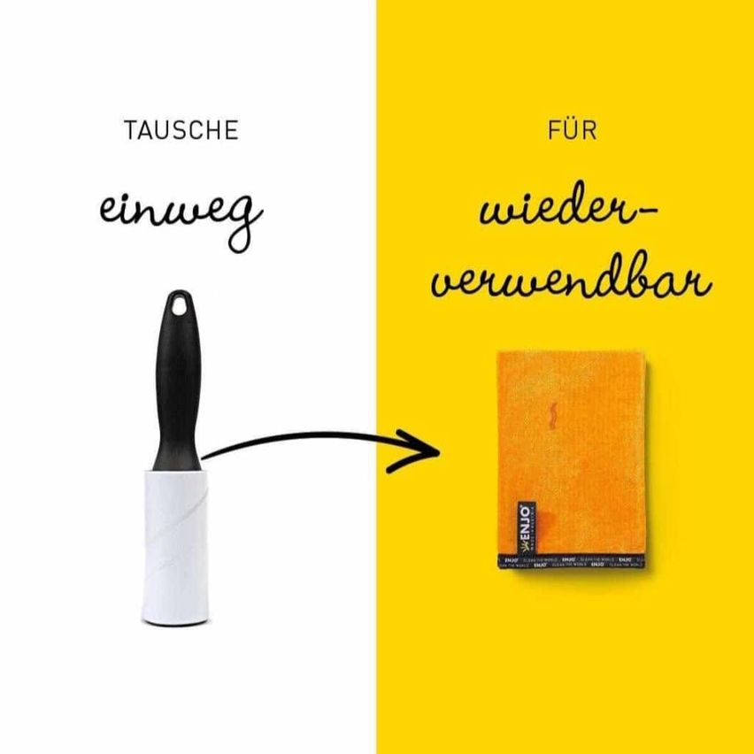 Ein Bild zeigt einen Fusselroller auf der linken und einen wiederverwendbaren Lappen auf der rechten Seite, beide mit deutschem Text beschriftet.