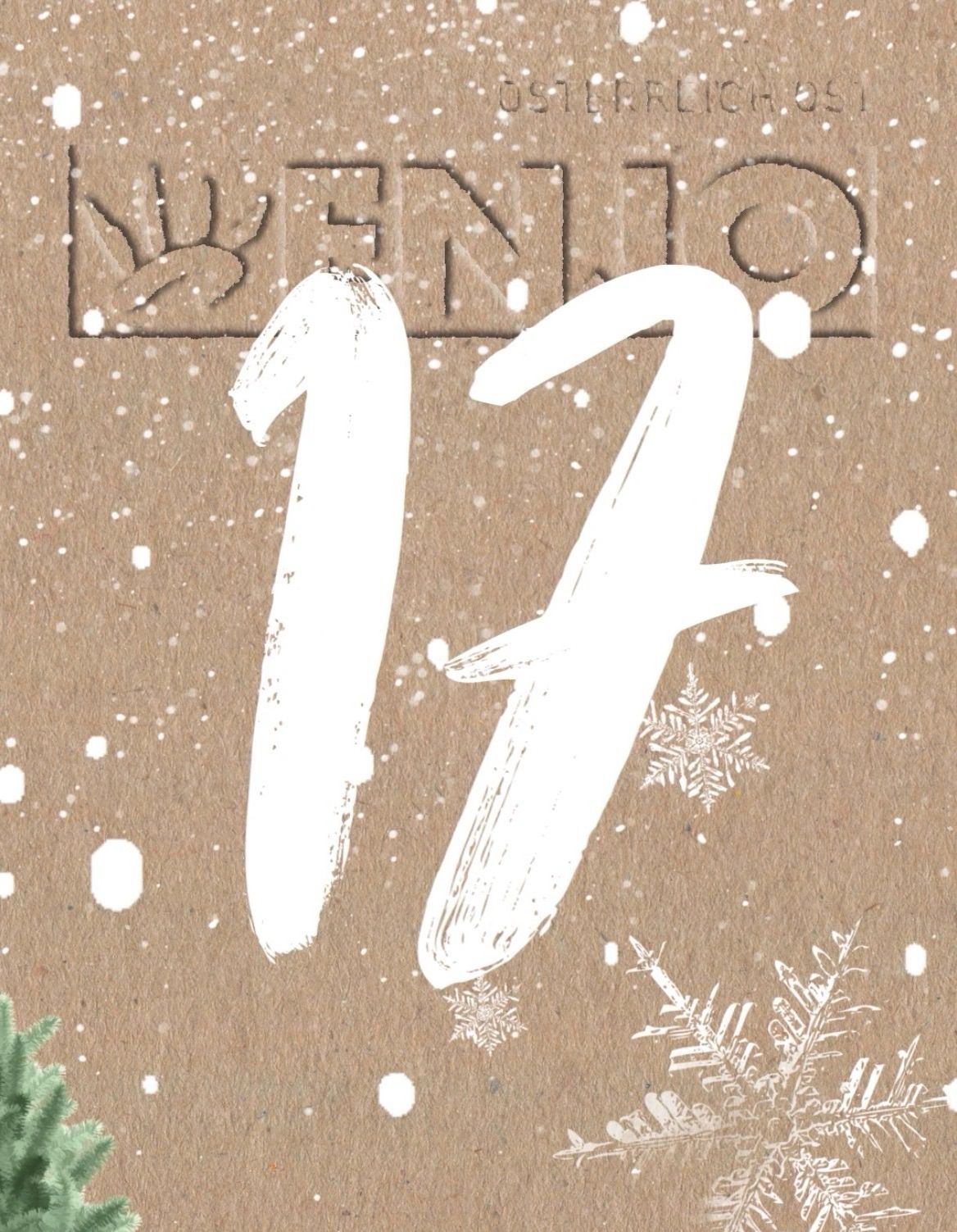 Ein beigefarbener Hintergrund mit weißen Schneeflocken und der Nummer 17 in stilisierter Schrift. 'BENIO' ist in stilisierter Schrift über der Nummer geschrieben.