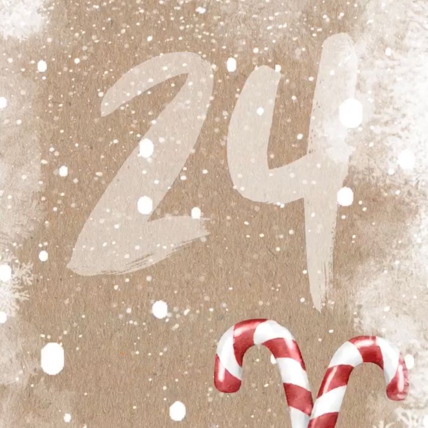 Eine Winterszene mit der Nummer 24 in Weiß auf einem verschneiten Hintergrund. Darunter sind zwei rote und weiße Zuckerstangen deutlich sichtbar.