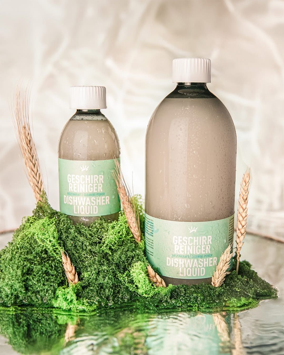 Zwei Flaschen Spülmaschinenreiniger stehen auf einer moosigen Oberfläche. Eine Flasche ist kleiner und die andere größer. Beide haben grüne Etiketten. Der Hintergrund ist weiß.